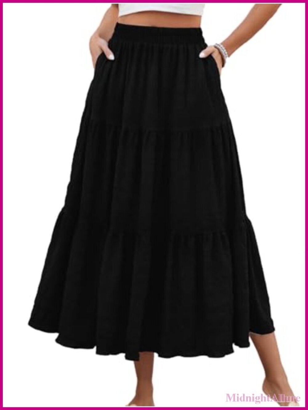 Smock Layered Tiered Maxi Skirt with Pockets, Elastic Waist, A-Line Flowy Long